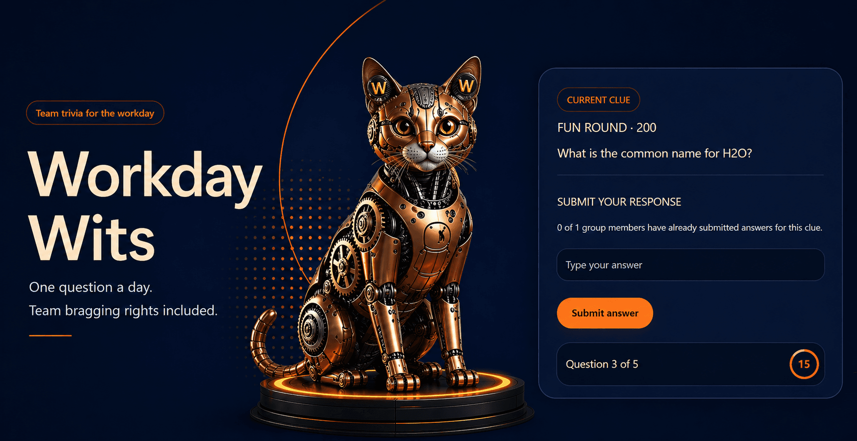 Cog the Cat, the copper mechanical Workday Wits mascot